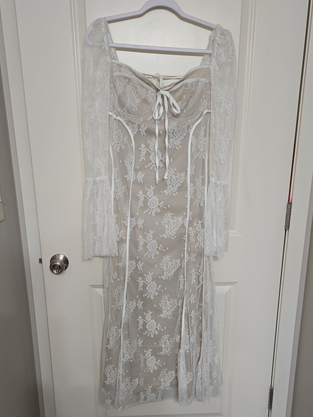 Sheer White Lace Long Chemise with Tie-Front Detail